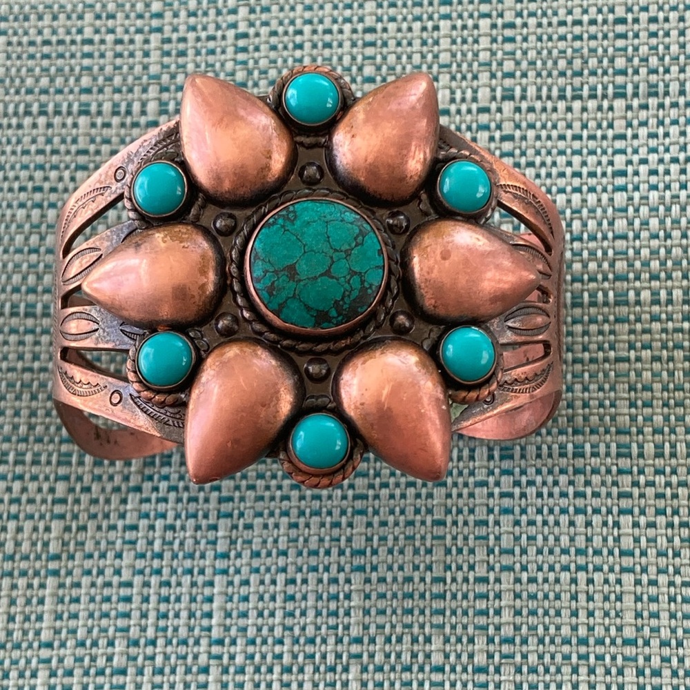 1960’s Bell Trading Post Solid Copper and Turquoise Cuff Bracelet